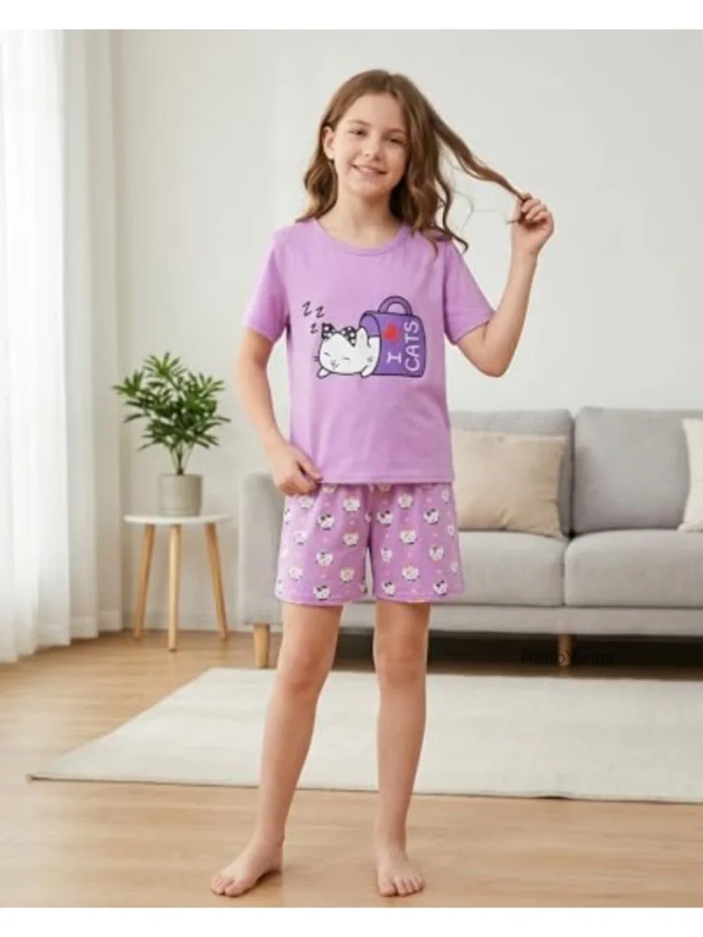 Girls Cotton Sleepwear Pajama Set Cute Cat Print Short Sleeve Nighty Comfy